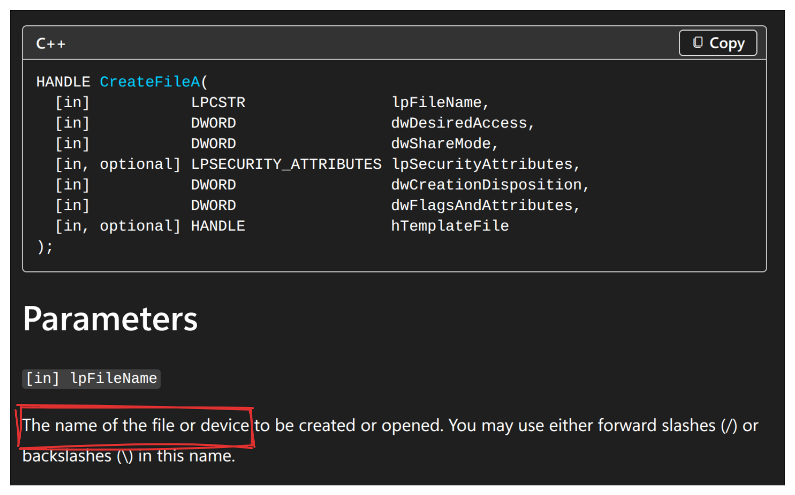 Microsoft’s documentation for CreateFileA